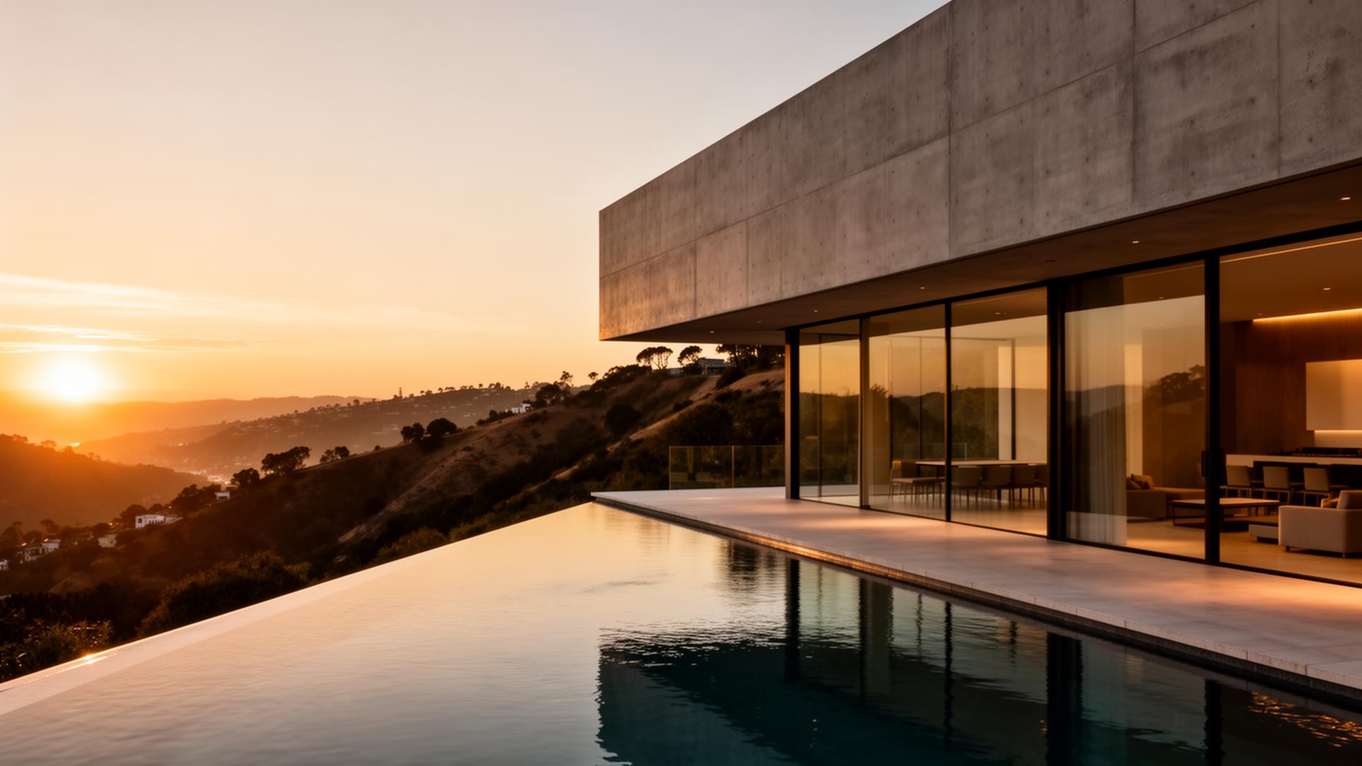 Modern hillside home at golden hour by Bright Lauch Architecture